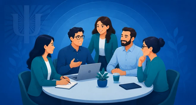 Ilustración institucional del equipo profesional y colaboradores de Ayuda Psicológica en Línea