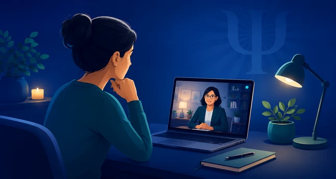 Persona en un espacio privado preparándose para una consulta psicológica online