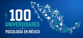 Mapa de México con símbolos académicos para una selección de 100 universidades con Psicología