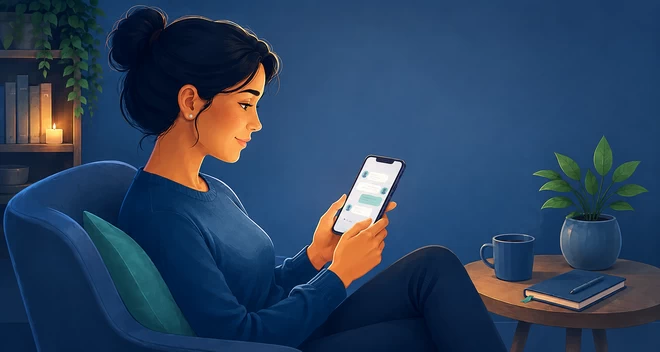 Ilustración de una mujer conversando por chat desde su teléfono móvil